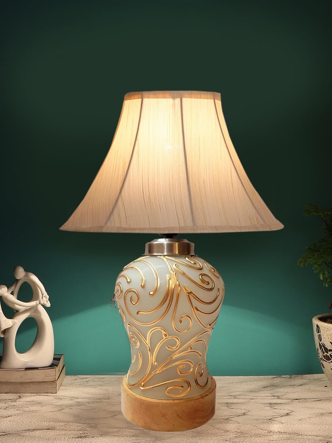 Off White Cotton Shade Lamp with Wood & Mosaic Glass Base for Decoration/Office/Home/Gifting/Study for Office/Home/Gifting -(12x12x16) Inches -