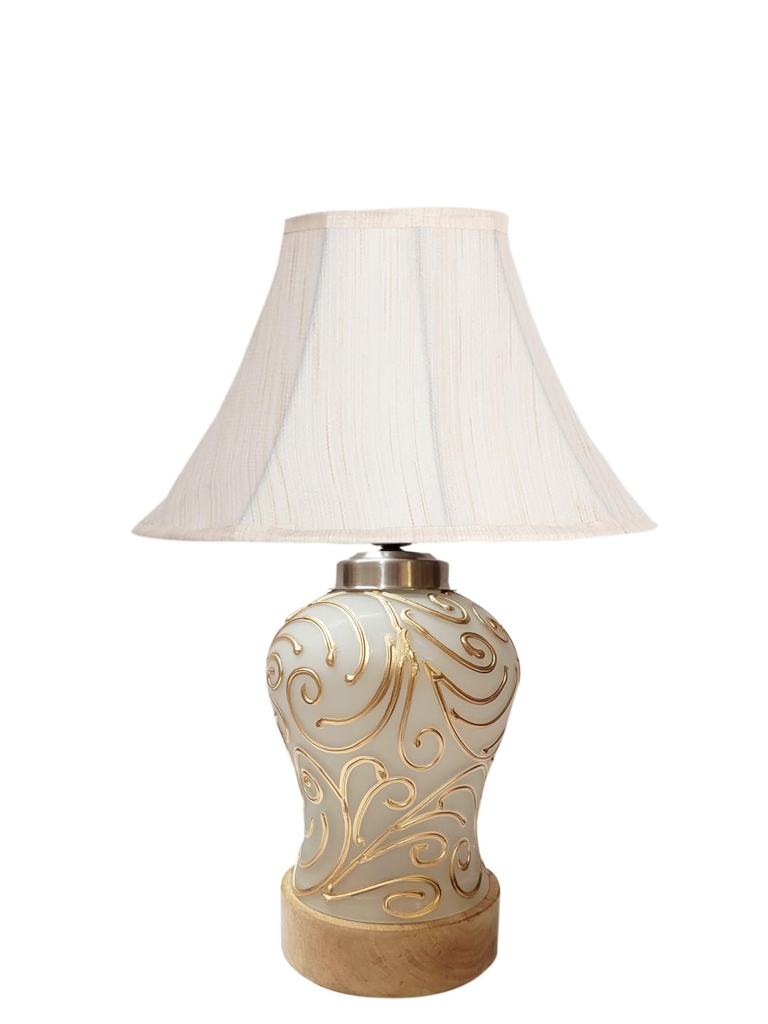 Off White Cotton Shade Lamp with Wood & Mosaic Glass Base for Decoration/Office/Home/Gifting/Study for Office/Home/Gifting -(12x12x16) Inches -