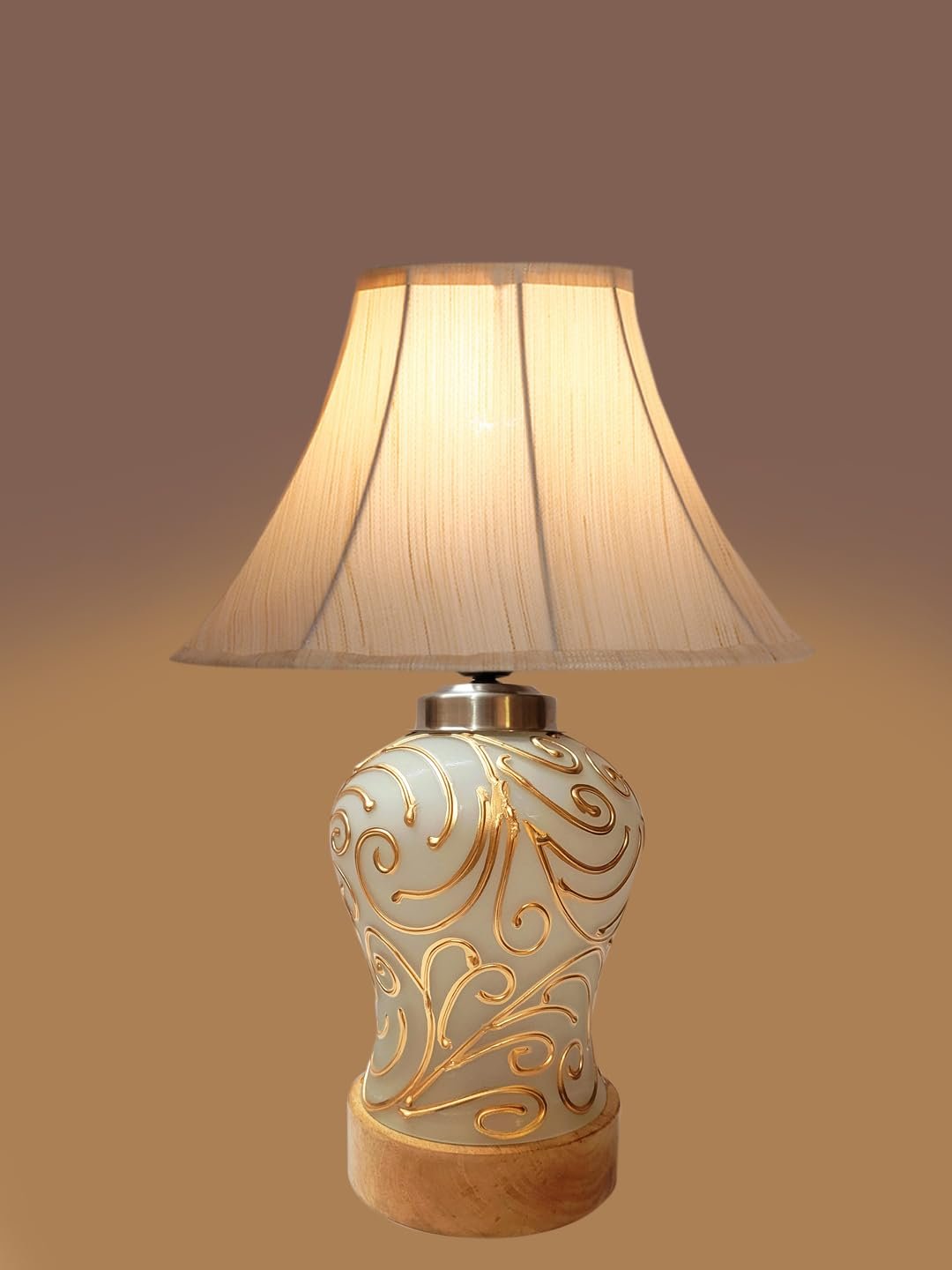 Off White Cotton Shade Lamp with Wood & Mosaic Glass Base for Decoration/Office/Home/Gifting/Study for Office/Home/Gifting -(12x12x16) Inches -