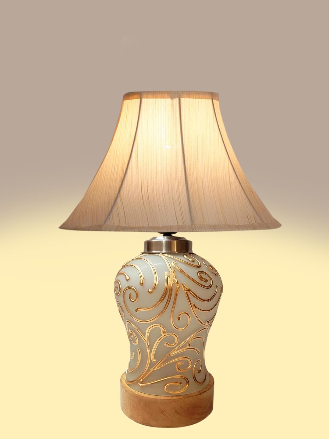 Off White Cotton Shade Lamp with Wood & Mosaic Glass Base for Decoration/Office/Home/Gifting/Study for Office/Home/Gifting -(12x12x16) Inches -