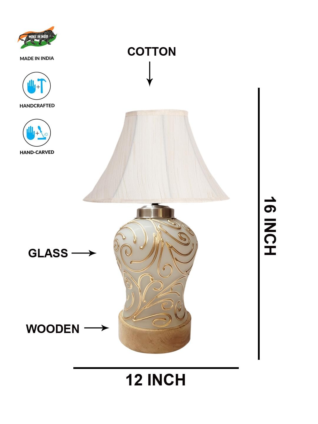 Off White Cotton Shade Lamp with Wood & Mosaic Glass Base for Decoration/Office/Home/Gifting/Study for Office/Home/Gifting -(12x12x16) Inches -