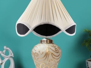 Vintage Multicolored Cotton Shade Lamp with Wood & Mosaic Glass Base for Decoration/Office/Home/Gifting/Study for Office/Home/Gifting -(12x12x16.5) Inches -