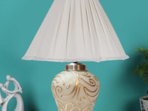 Vintage Off White Cotton Shade Lamp with Wood & Mosaic Glass Base for Decoration/Office/Home/Gifting/Study for Office/Home/Gifting -(12x12x16) Inches -
