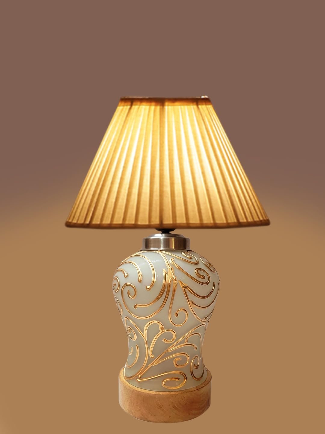 Off-White Knife Pleated Cotton Shade Lamp with Wood & Mosaic Glass Base for Decoration/Office/Home/Gifting/Study for Office/Home/Gifting -(12x12x16) Inches -