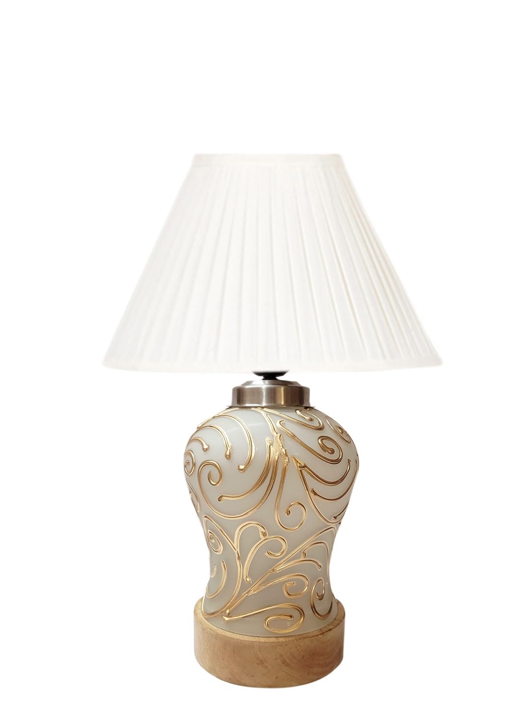 Off-White Knife Pleated Cotton Shade Lamp with Wood & Mosaic Glass Base for Decoration/Office/Home/Gifting/Study for Office/Home/Gifting -(12x12x16) Inches -