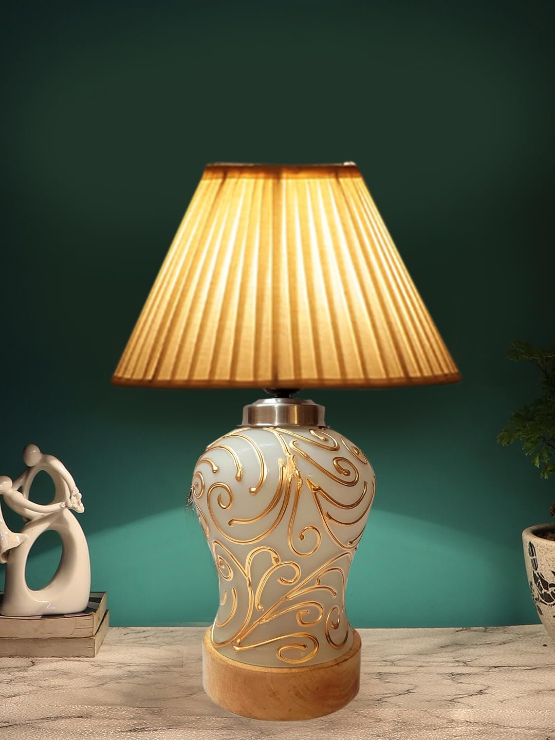 Off-White Knife Pleated Cotton Shade Lamp with Wood & Mosaic Glass Base for Decoration/Office/Home/Gifting/Study for Office/Home/Gifting -(12x12x16) Inches -