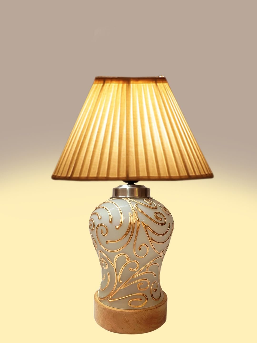 Off-White Knife Pleated Cotton Shade Lamp with Wood & Mosaic Glass Base for Decoration/Office/Home/Gifting/Study for Office/Home/Gifting -(12x12x16) Inches -