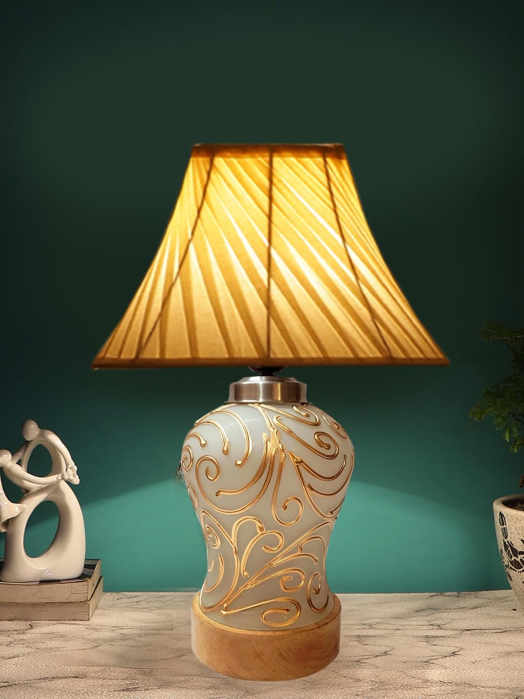 Off-White Cross Pleated Cotton Shade Lamp with Wood & Mosaic Glass Base for Decoration/Office/Home/Gifting/Study for Office/Home/Gifting -(12x12x16) Inches -O