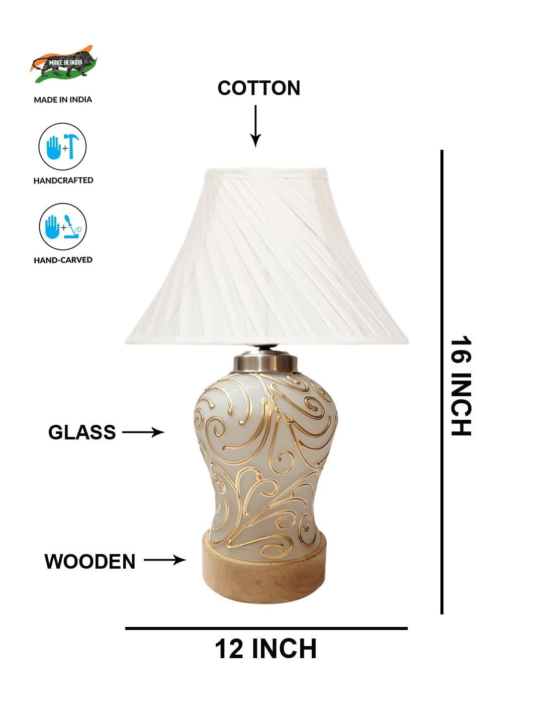 Off-White Cross Pleated Cotton Shade Lamp with Wood & Mosaic Glass Base for Decoration/Office/Home/Gifting/Study for Office/Home/Gifting -(12x12x16) Inches -O