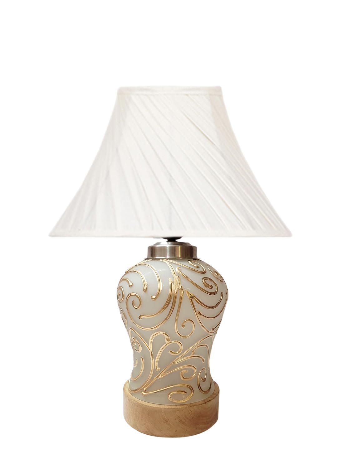 Off-White Cross Pleated Cotton Shade Lamp with Wood & Mosaic Glass Base for Decoration/Office/Home/Gifting/Study for Office/Home/Gifting -(12x12x16) Inches -O