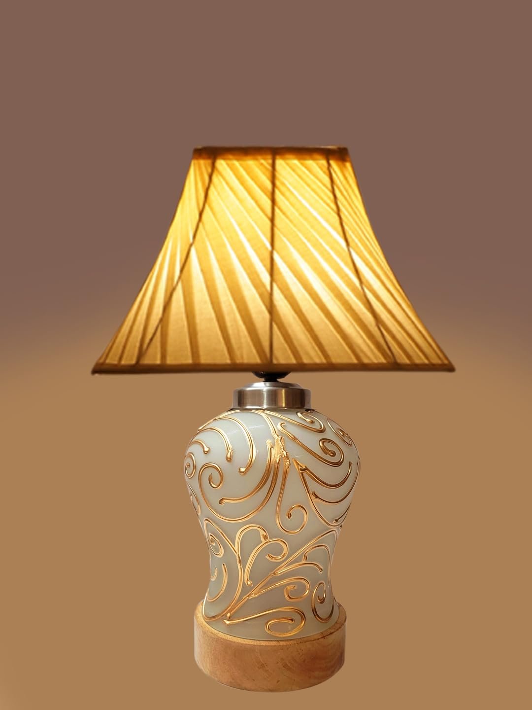 Off-White Cross Pleated Cotton Shade Lamp with Wood & Mosaic Glass Base for Decoration/Office/Home/Gifting/Study for Office/Home/Gifting -(12x12x16) Inches -O