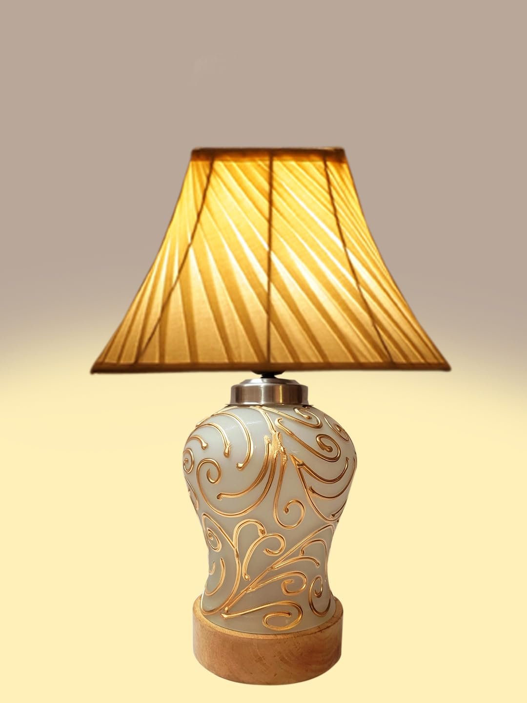 Off-White Cross Pleated Cotton Shade Lamp with Wood & Mosaic Glass Base for Decoration/Office/Home/Gifting/Study for Office/Home/Gifting -(12x12x16) Inches -O