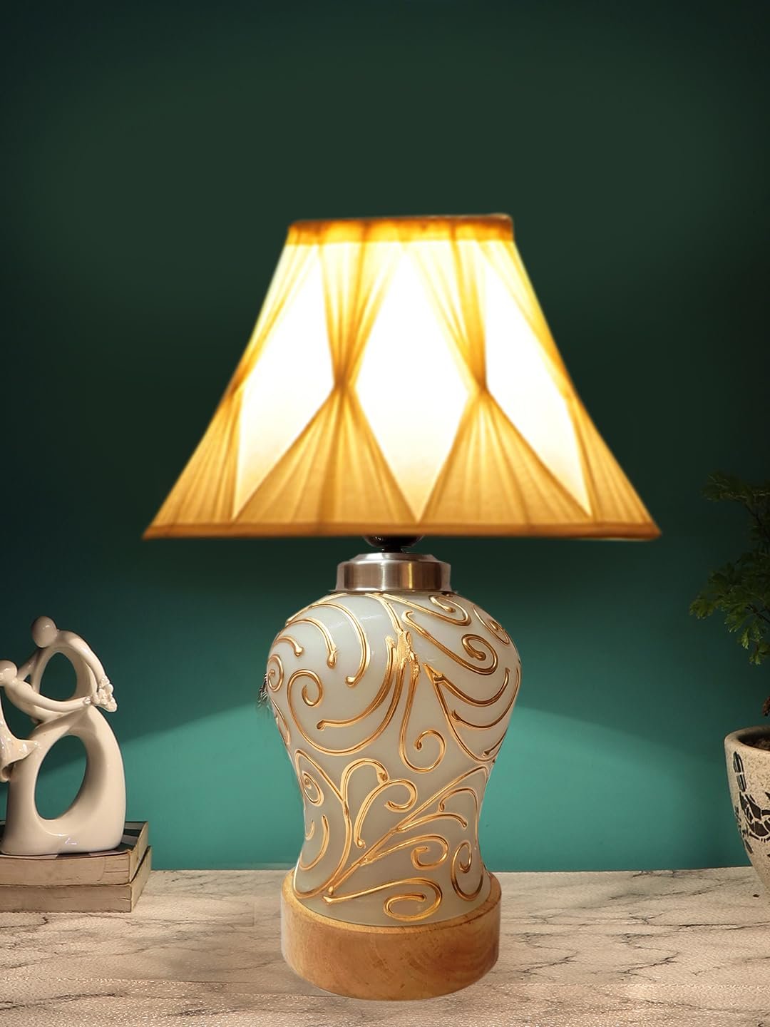 Off-White Curtain Pleated Cotton Shade Lamp with Wood & Mosaic Glass Base for Decoration/Office/Home/Gifting/Study for Office/Home/Gifting -(12x12x16) Inches -