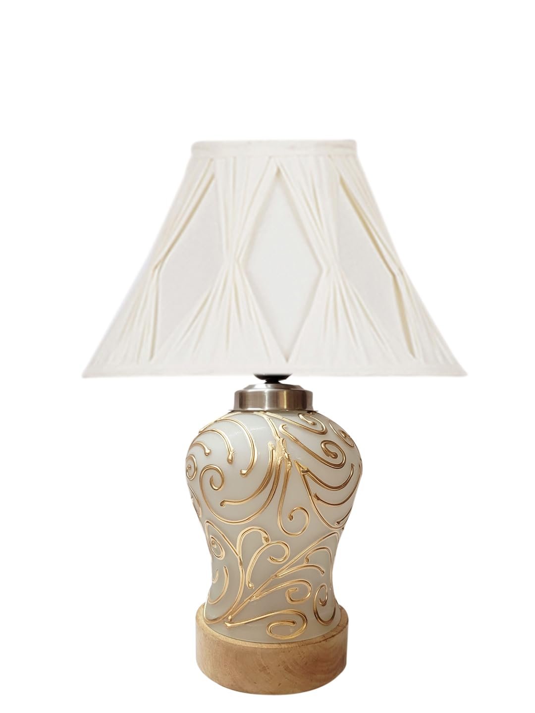 Off-White Curtain Pleated Cotton Shade Lamp with Wood & Mosaic Glass Base for Decoration/Office/Home/Gifting/Study for Office/Home/Gifting -(12x12x16) Inches -