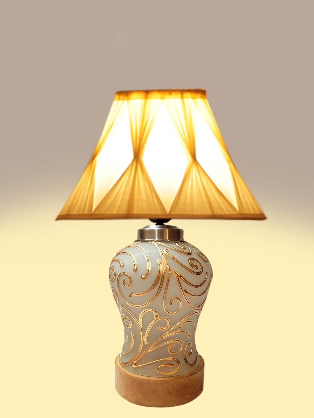 Off-White Curtain Pleated Cotton Shade Lamp with Wood & Mosaic Glass Base for Decoration/Office/Home/Gifting/Study for Office/Home/Gifting -(12x12x16) Inches -