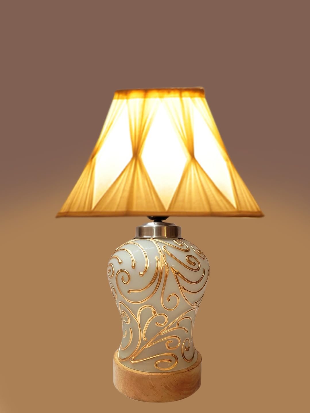 Off-White Curtain Pleated Cotton Shade Lamp with Wood & Mosaic Glass Base for Decoration/Office/Home/Gifting/Study for Office/Home/Gifting -(12x12x16) Inches -