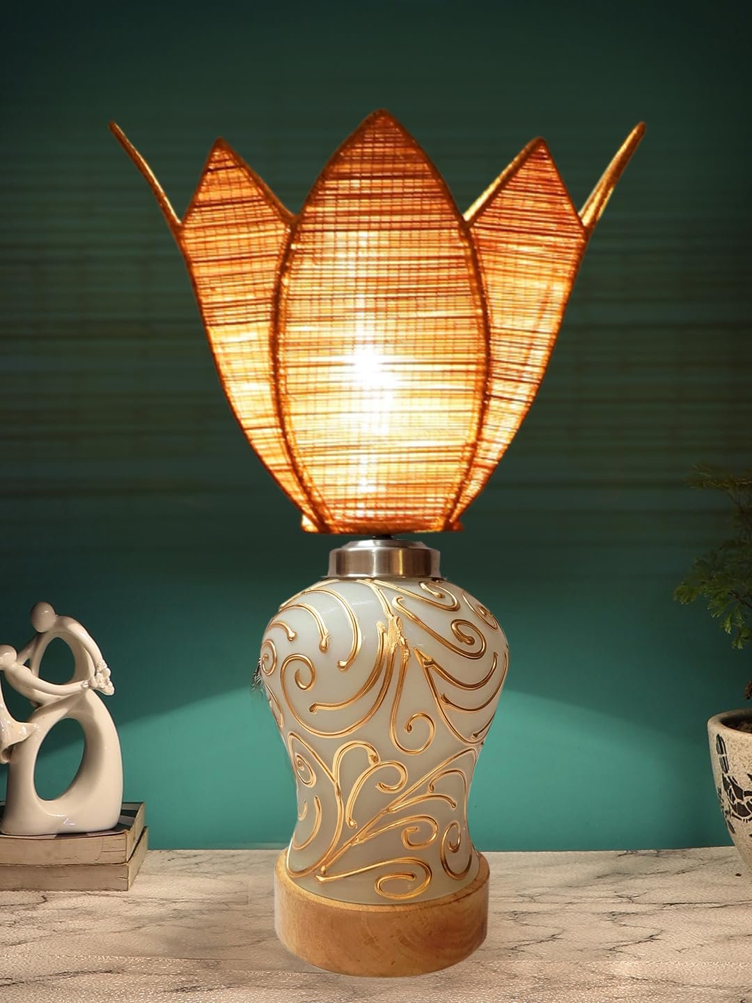 Lotus Bamboo Shade Lamp with Wood & Mosaic Glass Base for Decoration/Office/Home/Gifting/Study for Office/Home/Gifting -(12x12x19.25) Inches -
