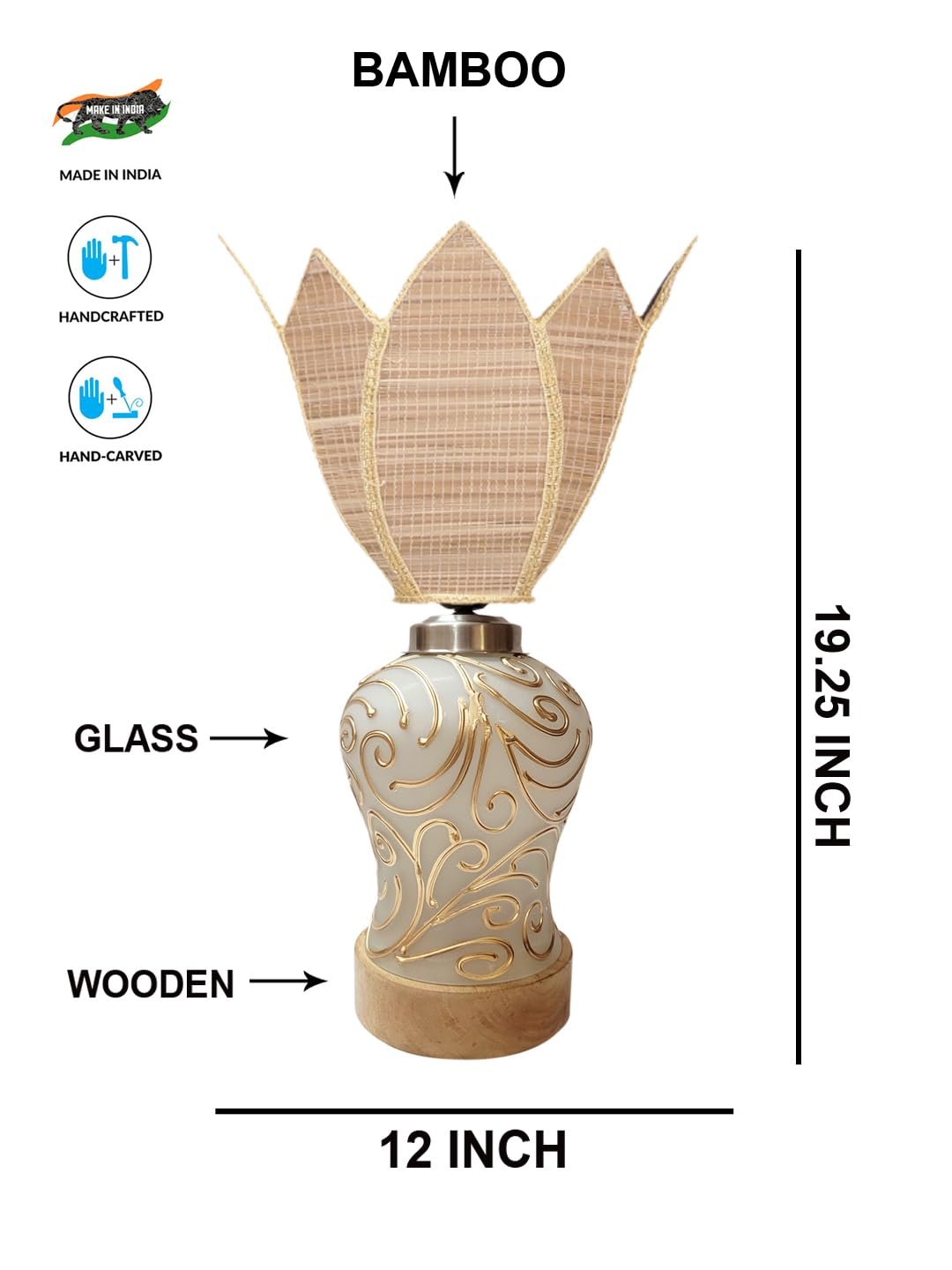 Lotus Bamboo Shade Lamp with Wood & Mosaic Glass Base for Decoration/Office/Home/Gifting/Study for Office/Home/Gifting -(12x12x19.25) Inches -