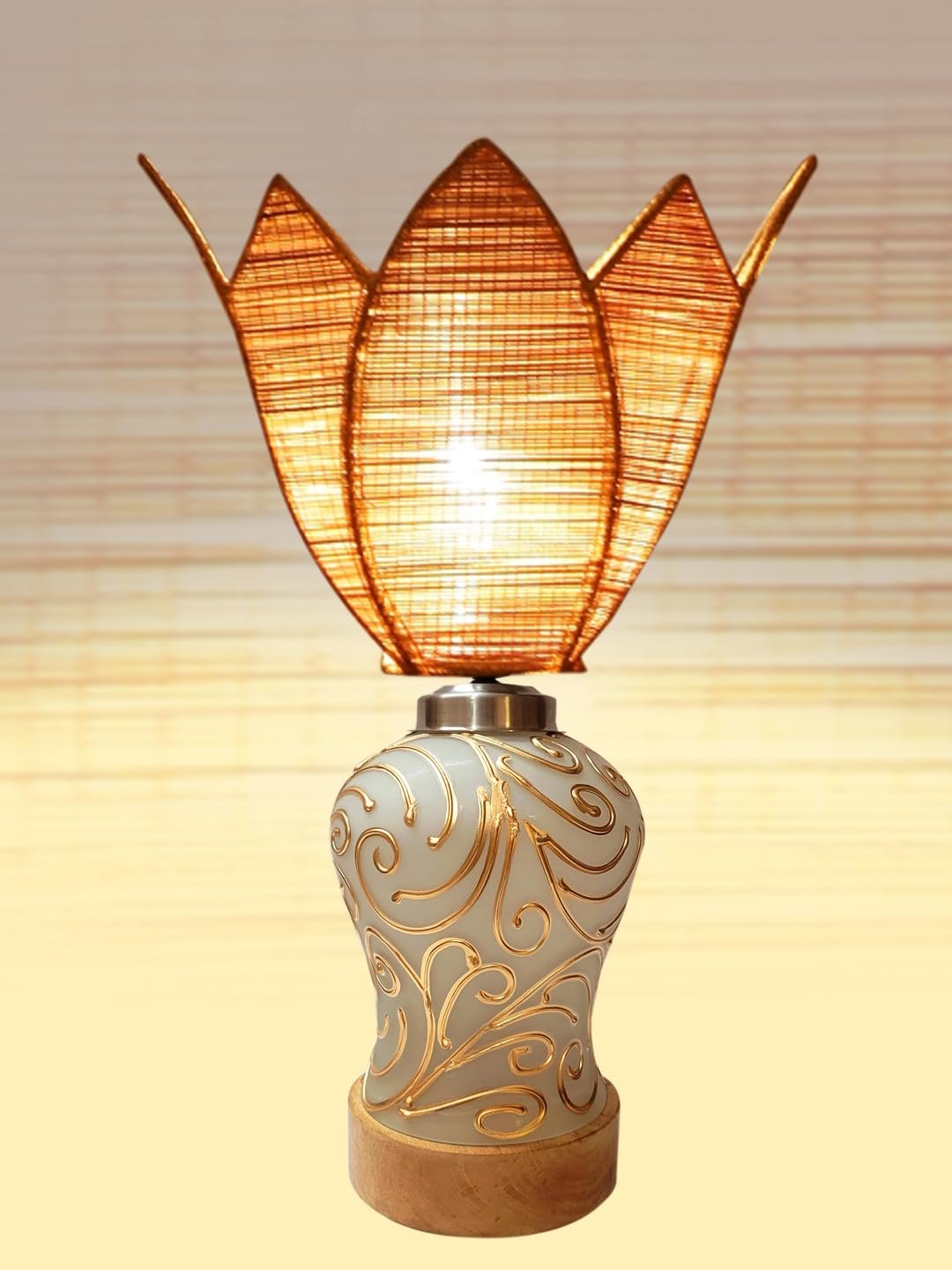 Lotus Bamboo Shade Lamp with Wood & Mosaic Glass Base for Decoration/Office/Home/Gifting/Study for Office/Home/Gifting -(12x12x19.25) Inches -