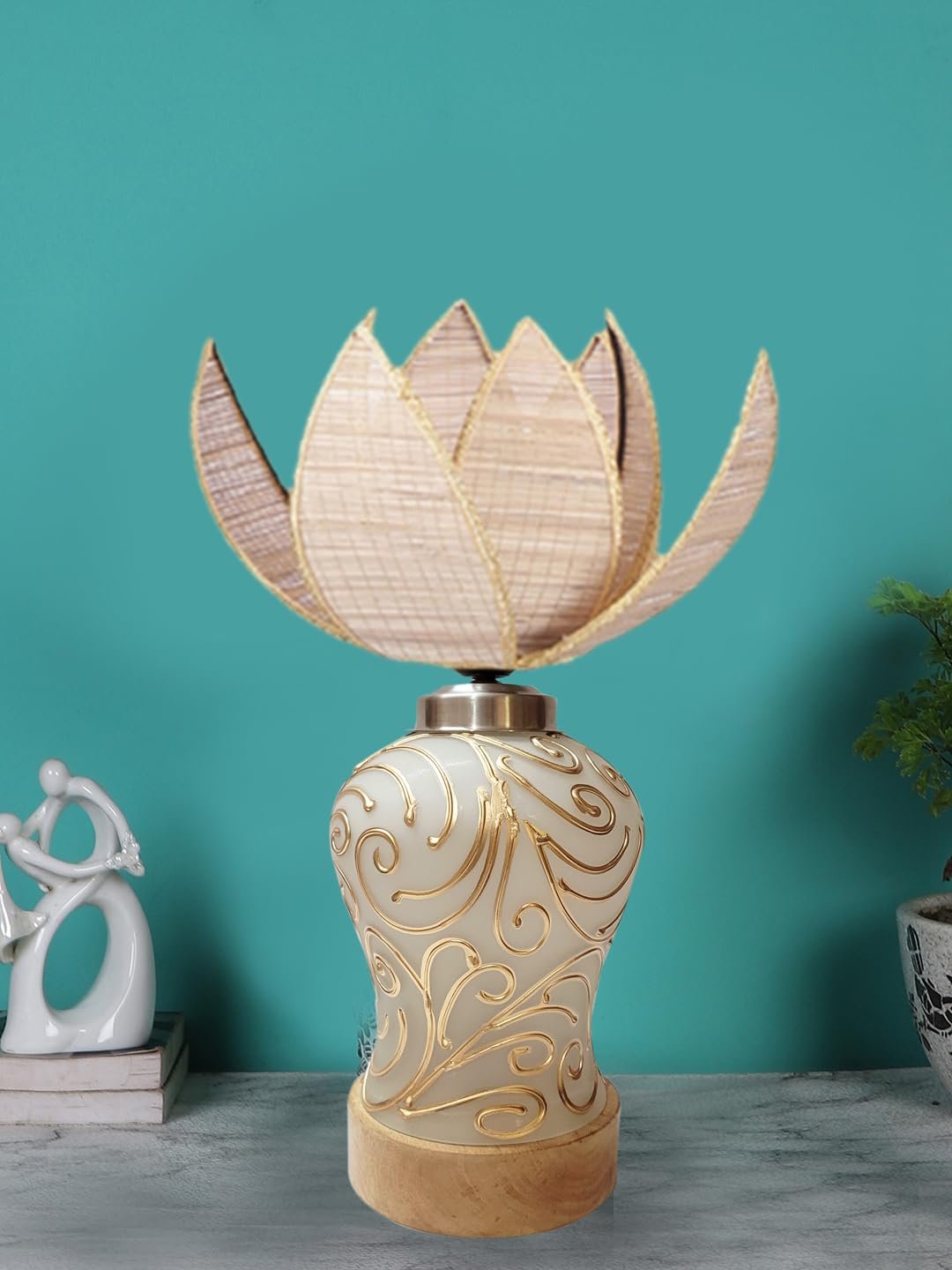 Rose Bamboo Shade Lamp with Wood & Mosaic Glass Base for Decoration/Office/Home/Gifting/Study for Office/Home/Gifting -(12x12x17.75) Inches -