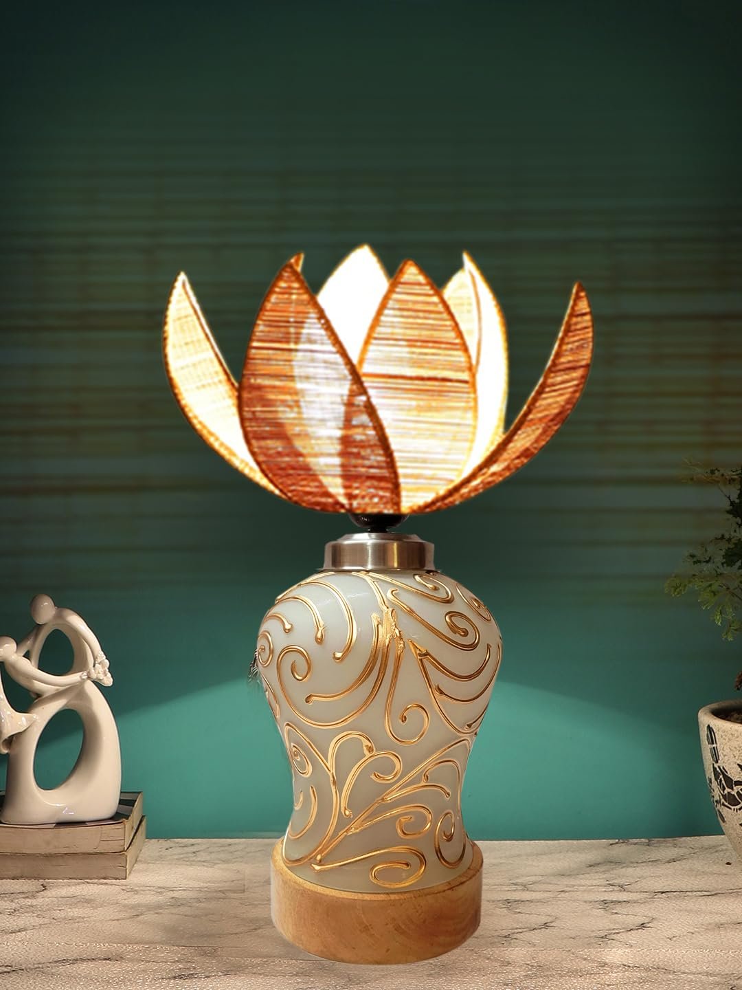 Rose Bamboo Shade Lamp with Wood & Mosaic Glass Base for Decoration/Office/Home/Gifting/Study for Office/Home/Gifting -(12x12x17.75) Inches -