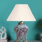 Conical Off White Cotton Shade Lamp with Wood & Mosaic Glass Base for Decoration/Office/Home/Gifting/Study for Decoration/Office/Home/Gifting/Study -(10x10x14.5) Inches -P
