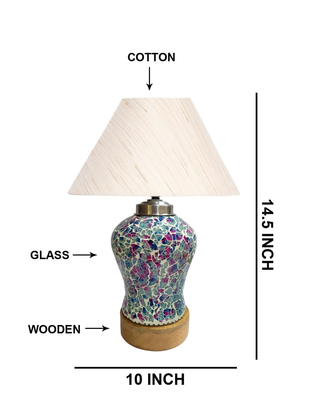 Conical Off White Cotton Shade Lamp with Wood & Mosaic Glass Base for Decoration/Office/Home/Gifting/Study for Decoration/Office/Home/Gifting/Study -(10x10x14.5) Inches -P