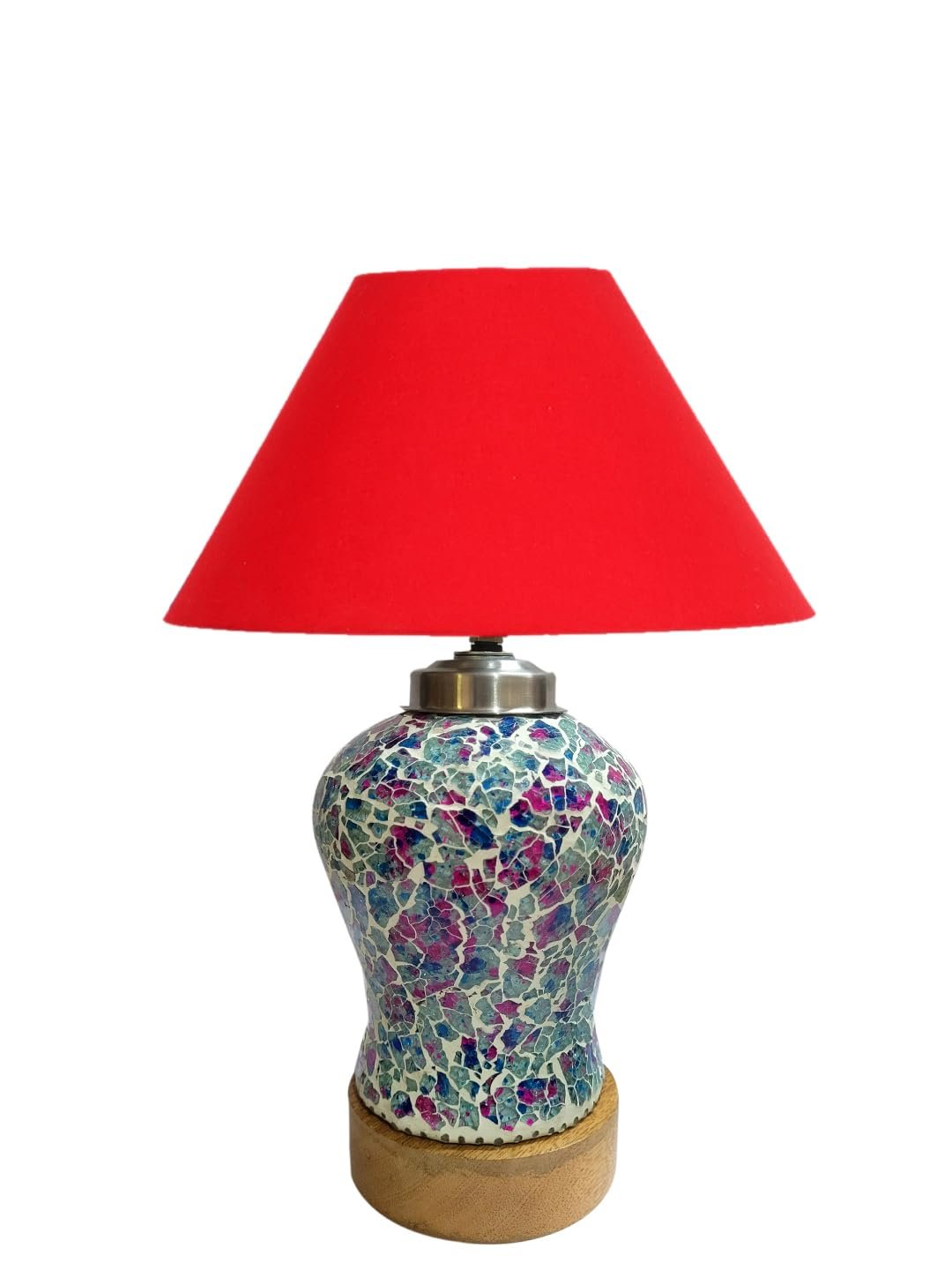 Conical Red Cotton Shade Lamp with Wood & MosaicGlass Base for Decoration/Office/Home/Gifting/Study for Decoration/Office/Home/Gifting/Study -(10x10x14.5) Inches -Q