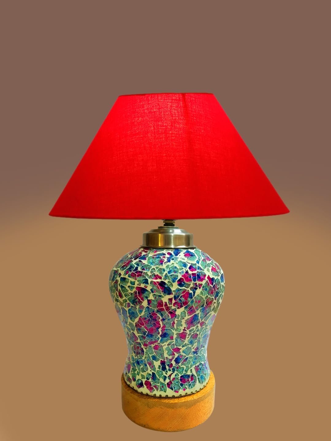 Conical Red Cotton Shade Lamp with Wood & MosaicGlass Base for Decoration/Office/Home/Gifting/Study for Decoration/Office/Home/Gifting/Study -(10x10x14.5) Inches -Q