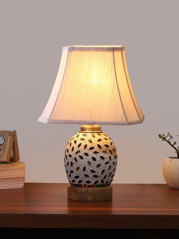 Multicolor Table Lamp | Artistic Mosaic Glass with Sturdy Wood Base | Decorative Ambient Light for Home D�cor | Perfect Blend of Modern & Traditional Style - Model DG299