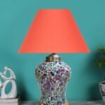 Conical Orange Cotton Shade Lamp with Wood & Mosaic Glass Base for Decoration/Office/Home/Gifting/Study for Decoration/Office/Home/Gifting/Study -(10x10x14.5) Inches –