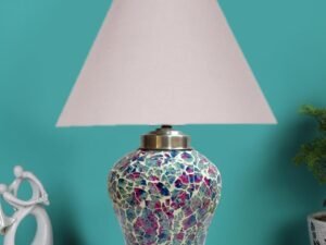 Conical Grey Cotton Shade Lamp with Wood & MosaicGlass Base for Decoration/Office/Home/Gifting/Study for Decoration/Office/Home/Gifting/Study -(10x10x14.5) Inches -S