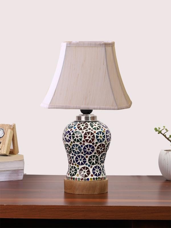 Multicolor Table Lamp | Artistic Mosaic Glass with Sturdy Wood Base | Decorative Ambient Light for Home D�cor | Perfect Blend of Modern & Traditional Style - Model DG324