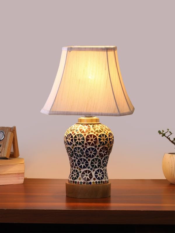 Multicolor Table Lamp | Artistic Mosaic Glass with Sturdy Wood Base | Decorative Ambient Light for Home D�cor | Perfect Blend of Modern & Traditional Style - Model DG324