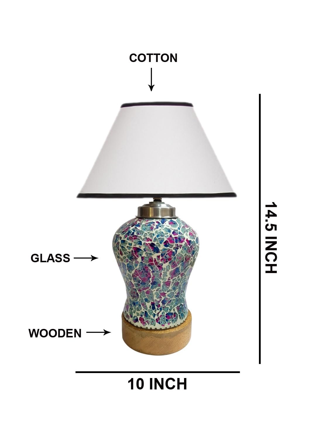 Conical White & Black Cotton Shade Lamp with Wood & MosaicGlass Base for Decoration/Office/Home/Gifting/Study for Decoration/Office/Home/Gifting/Study -(10x10x14.5) Inches -T