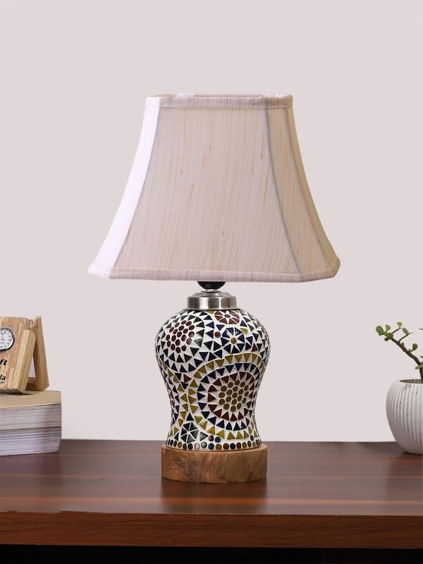 Multicolor Table Lamp | Artistic Mosaic Glass with Sturdy Wood Base | Decorative Ambient Light for Home D�cor | Perfect Blend of Modern & Traditional Style - Model DG349