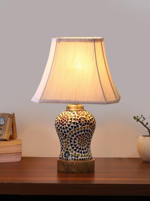 Multicolor Table Lamp | Artistic Mosaic Glass with Sturdy Wood Base | Decorative Ambient Light for Home D�cor | Perfect Blend of Modern & Traditional Style - Model DG349