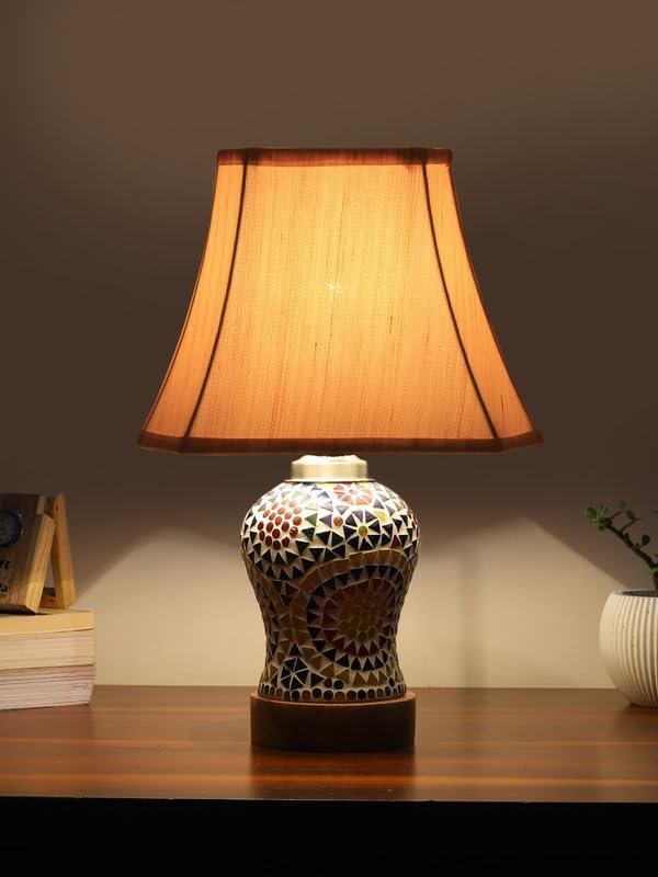 Multicolor Table Lamp | Artistic Mosaic Glass with Sturdy Wood Base | Decorative Ambient Light for Home D�cor | Perfect Blend of Modern & Traditional Style - Model DG349