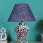 Conical Blue Jute Shade Lamp with Wood & Mosaic Glass Base for Decoration/Office/Home/Gifting/Study for Decoration/Office/Home/Gifting/Study -(10x10x14.5) Inches –