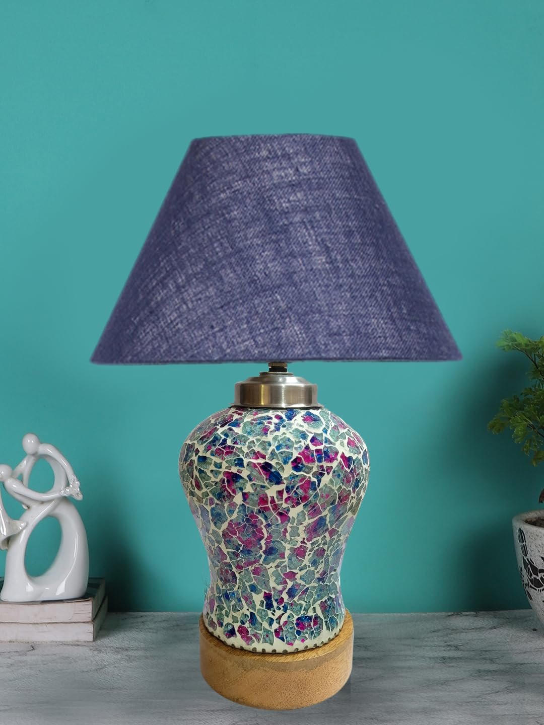 Conical Blue Jute Shade Lamp with Wood & Mosaic Glass Base for Decoration/Office/Home/Gifting/Study for Decoration/Office/Home/Gifting/Study -(10x10x14.5) Inches -