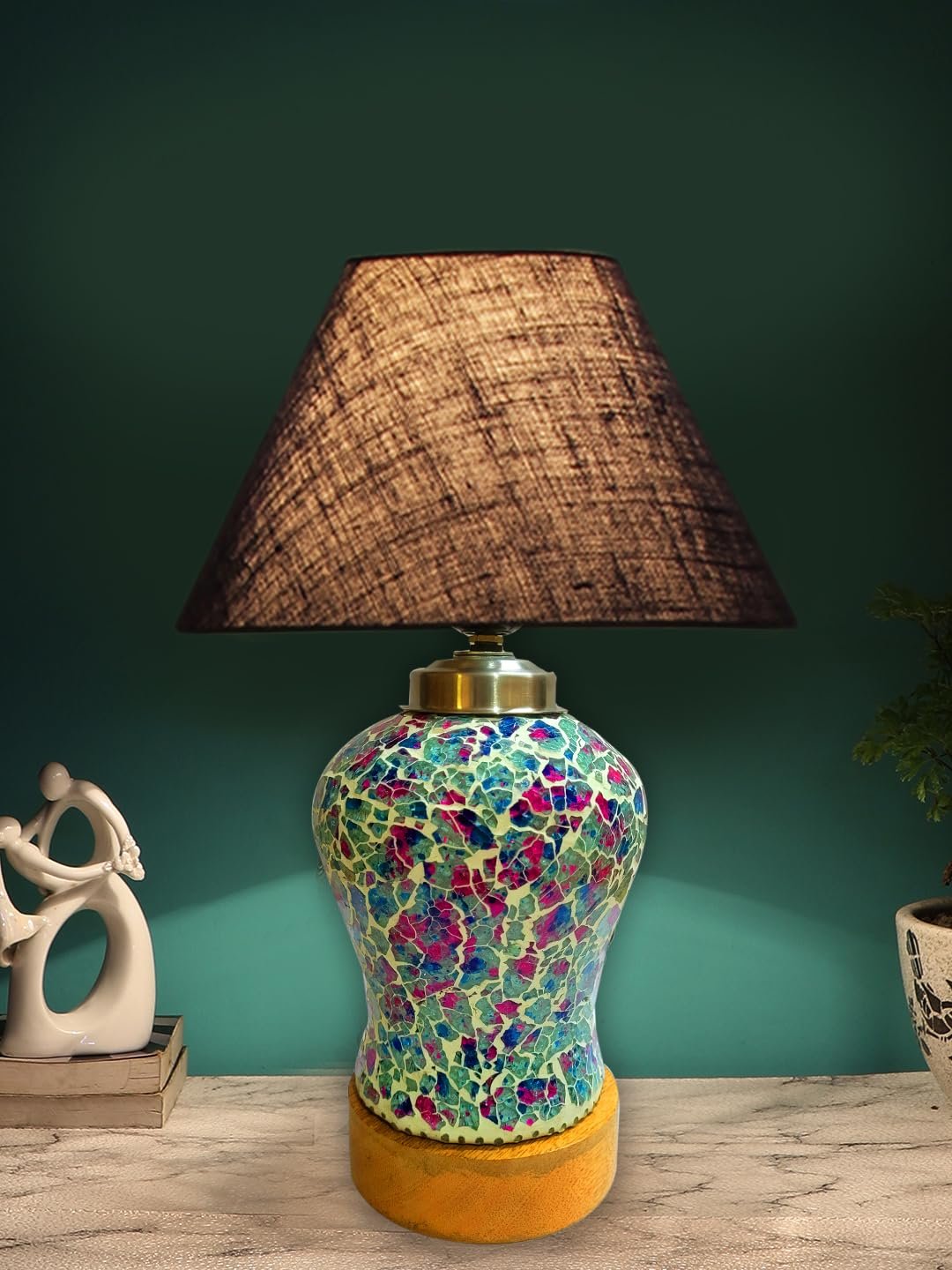 Conical Blue Jute Shade Lamp with Wood & Mosaic Glass Base for Decoration/Office/Home/Gifting/Study for Decoration/Office/Home/Gifting/Study -(10x10x14.5) Inches -