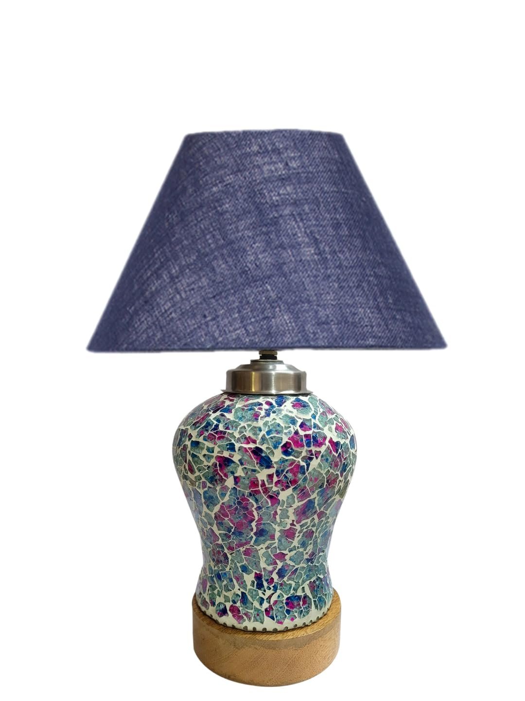 Conical Blue Jute Shade Lamp with Wood & Mosaic Glass Base for Decoration/Office/Home/Gifting/Study for Decoration/Office/Home/Gifting/Study -(10x10x14.5) Inches -