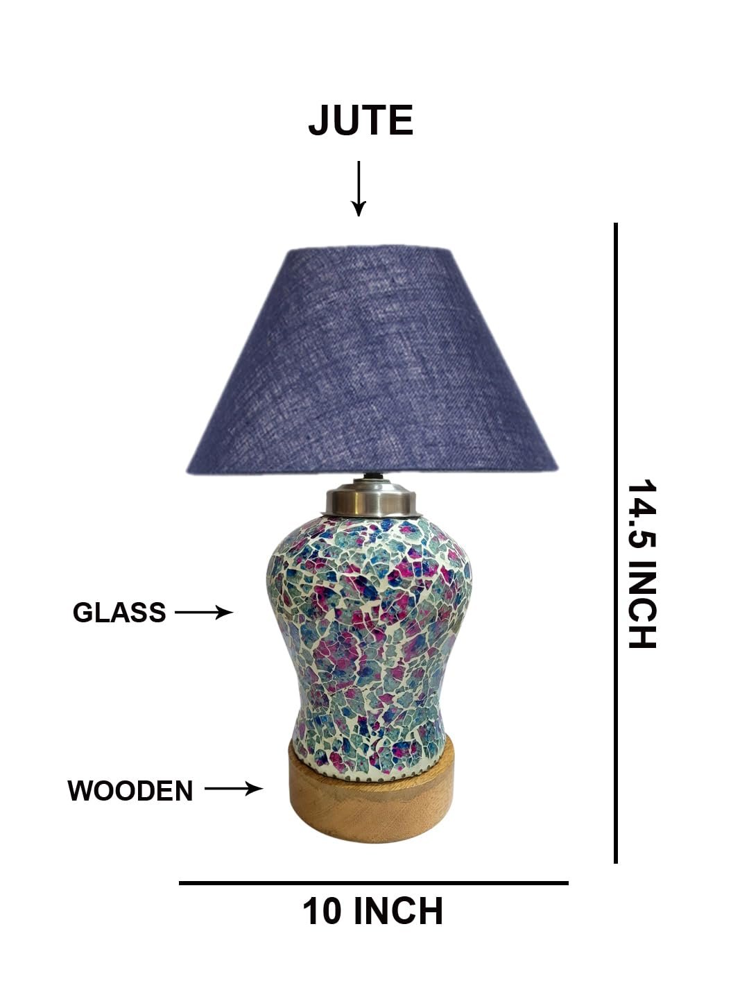 Conical Blue Jute Shade Lamp with Wood & Mosaic Glass Base for Decoration/Office/Home/Gifting/Study for Decoration/Office/Home/Gifting/Study -(10x10x14.5) Inches -