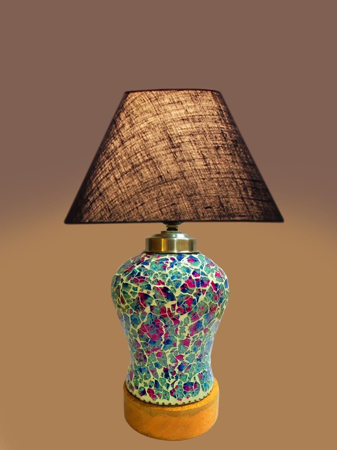 Conical Blue Jute Shade Lamp with Wood & Mosaic Glass Base for Decoration/Office/Home/Gifting/Study for Decoration/Office/Home/Gifting/Study -(10x10x14.5) Inches -