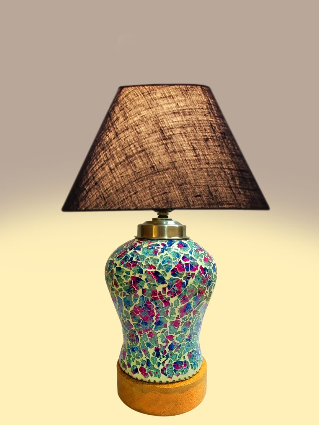 Conical Blue Jute Shade Lamp with Wood & Mosaic Glass Base for Decoration/Office/Home/Gifting/Study for Decoration/Office/Home/Gifting/Study -(10x10x14.5) Inches -