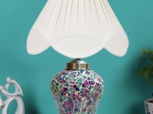 Vintage Off White Cotton Shade Lamp with Wood & Mosaic Glass Base for Decoration/Office/Home/Gifting/Study for Office/Home/Gifting -(12x12x16.5) Inches -X