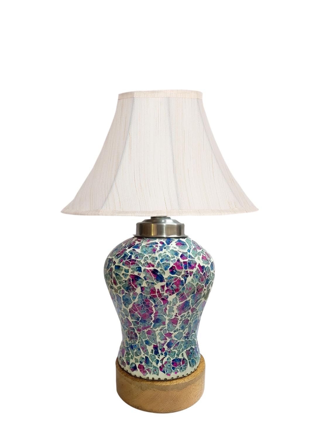 Off White Cotton Shade Lamp with Wood & Mosaic Glass Base for Decoration/Office/Home/Gifting/Study for Office/Home/Gifting -(12x12x16) Inches -Y