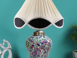 Vintage Multicolored Cotton Shade Lamp with Wood & Mosaic Glass Base for Decoration/Office/Home/Gifting/Study for Office/Home/Gifting -(12x12x16.5) Inches -AB
