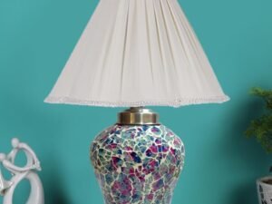 Vintage Off White Cotton Shade Lamp with Wood & Mosaic Glass Base for Decoration/Office/Home/Gifting/Study for Office/Home/Gifting -(12x12x16) Inches -AC