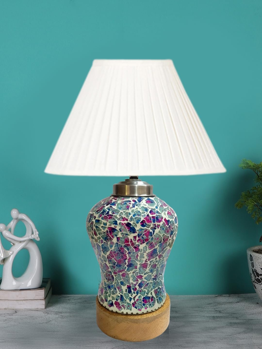 Off-White Knife Pleated Cotton Shade Lamp with Wood & Mosaic Glass Base for Decoration/Office/Home/Gifting/Study for Office/Home/Gifting -(12x12x16) Inches -AA